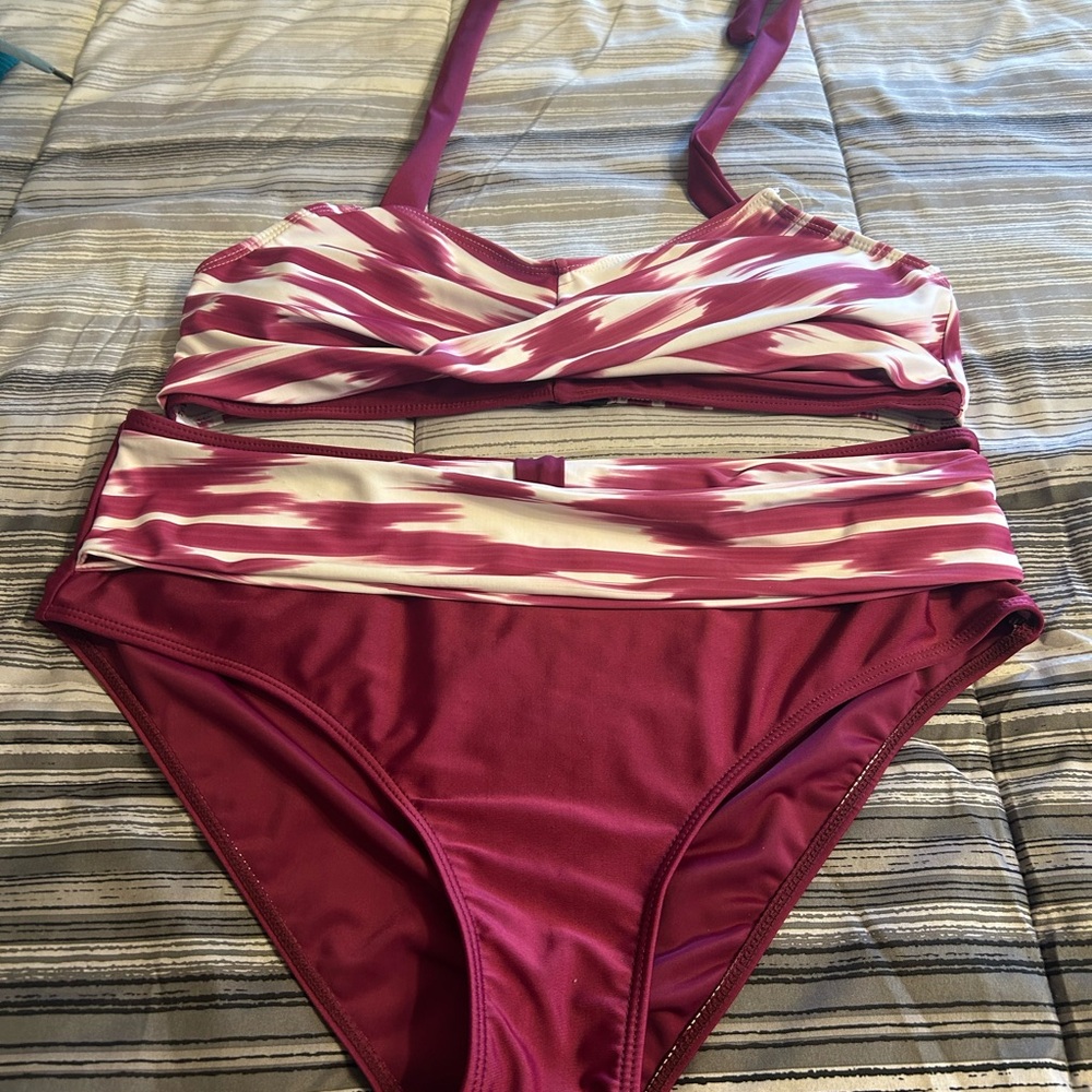 NWOT Stylish Maroon and White Women's Swimwear